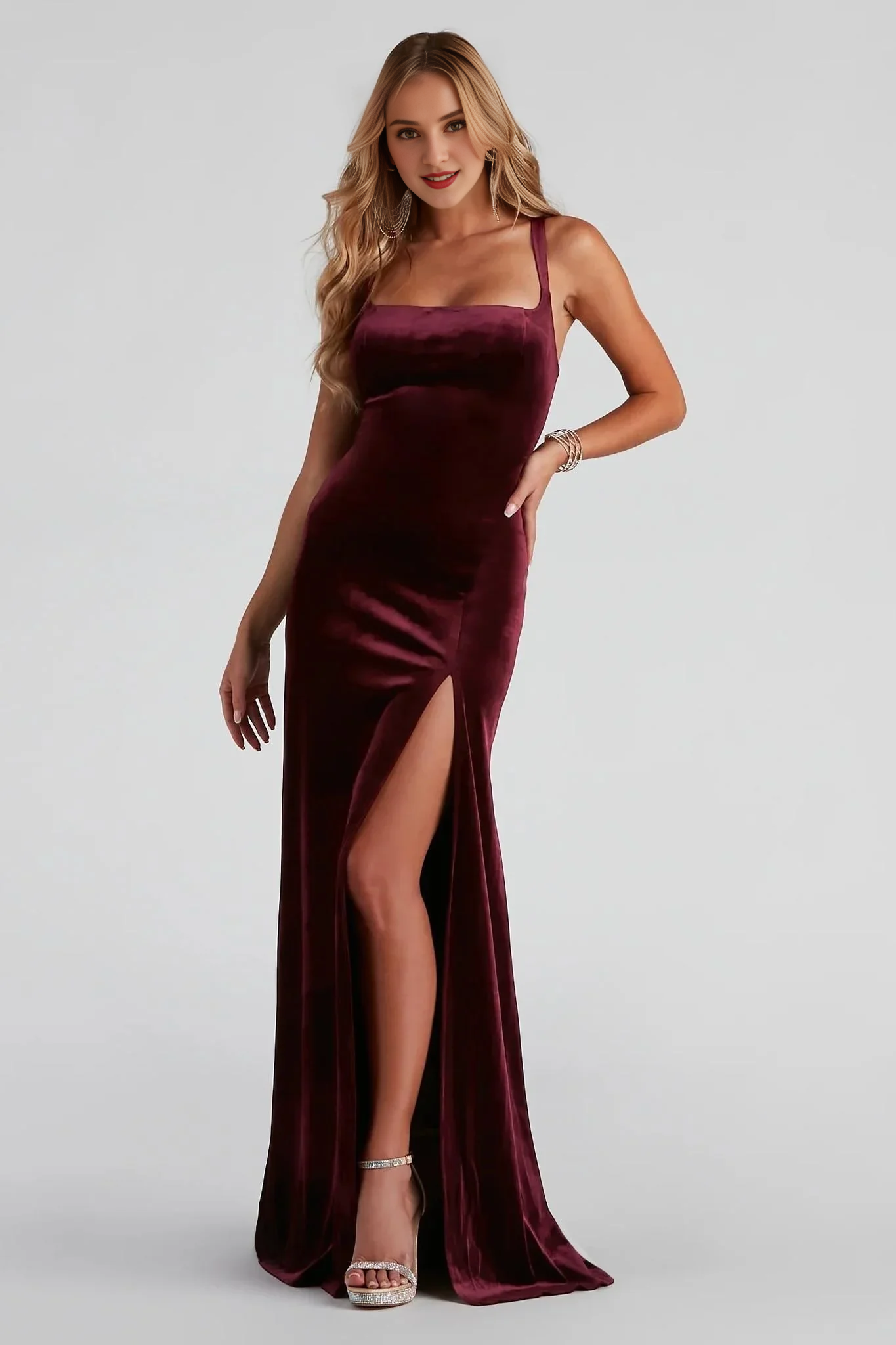 Lace-Up Back Velvet Floor Length Mermaid Square Neck Evening Dress With Slit
